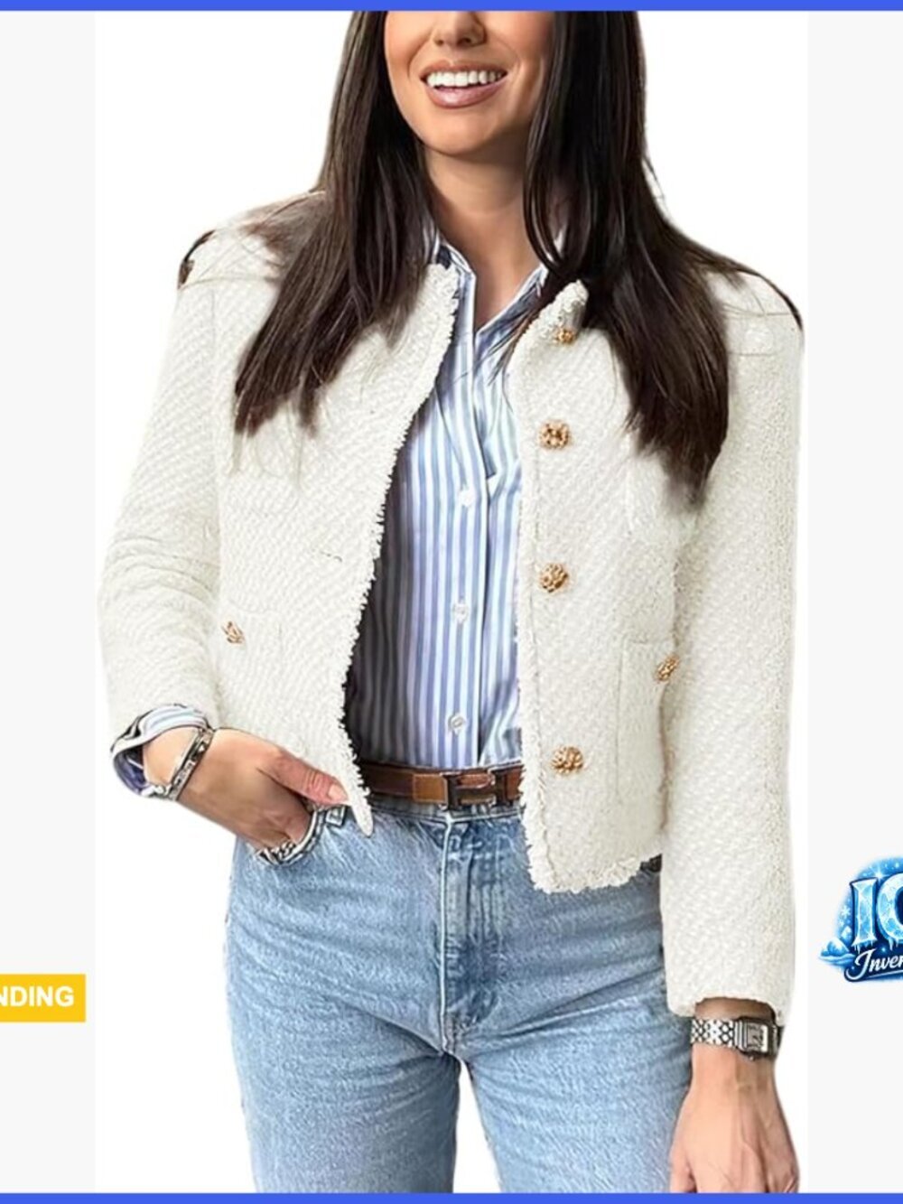 Women's Tweed Blazer with Fringed Tassel Trim, Slim Fit Office Coat